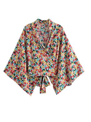 Boho Vintage Tie Front Floral Print Kimono V Neck Batwing Sleeves Short Robe