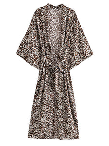 Boho Leopard Print Sash Kimono Dress V Neck Batwing Sleeve Bikini Cover Up Robe