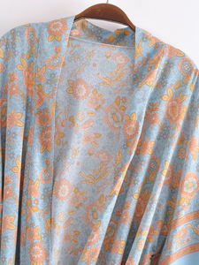 Blue Orange Floral Print Sashes Bohemian Kimono V Neck Batwing Sleeve Maxi Robe