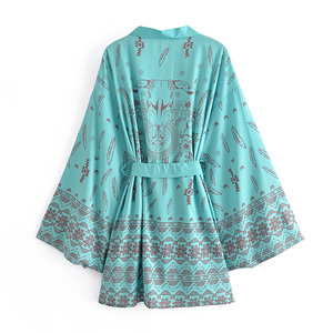 Boho Green Floral Feather Print Bikini Cover-Up V Neck Batwing Sleeve Kimono