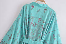 Boho Green Floral Feather Print Bikini Cover-Up V Neck Batwing Sleeve Kimono