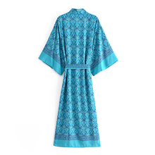 Blue Floral Print Sashes Bohemian Kimono V Neck Batwing Sleeve Boho Maxi Robe 