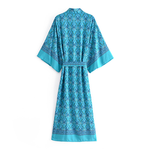 Blue Floral Print Sashes Bohemian Kimono V Neck Batwing Sleeve Boho Maxi Robe 