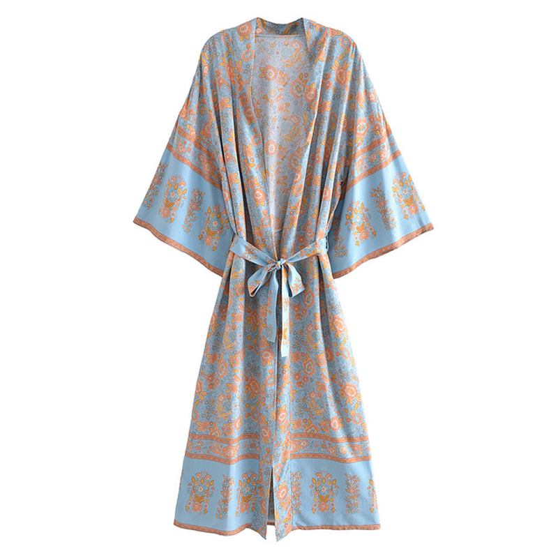 Blue Orange Floral Print Sashes Bohemian Kimono V Neck Batwing Sleeve Maxi Robe