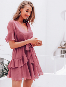 V-neck polka dot Bohemian Summer style layer ruffle chiffon short dress-Rose