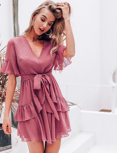 V-neck polka dot Bohemian Summer style layer ruffle chiffon short dress-Rose