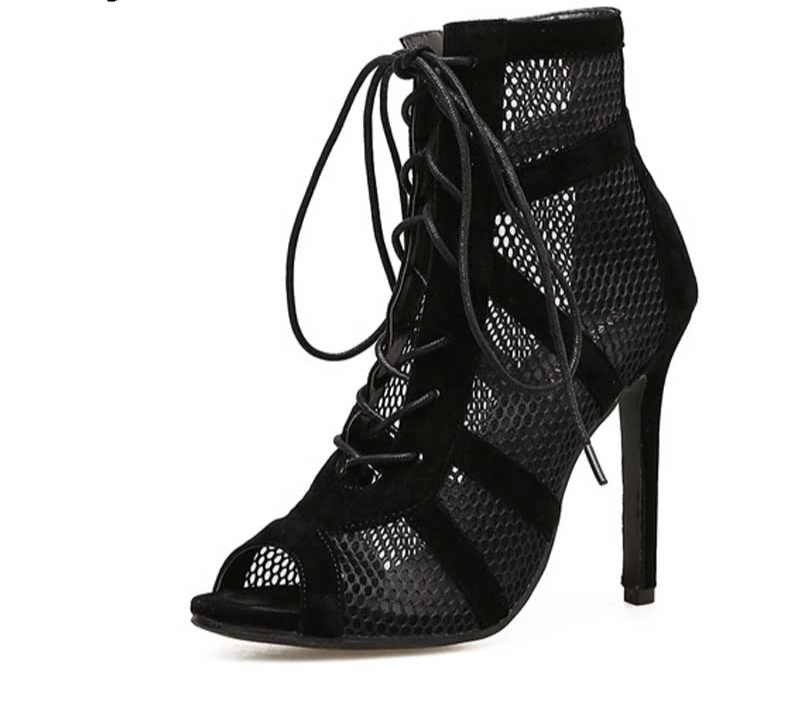 Women's Black Net Surface, Cross Tied Peep Toe Lace Up Ankle Length Boots