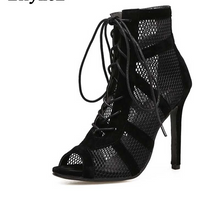 Women's Black Net Surface, Cross Tied Peep Toe Lace Up Ankle Length Boots