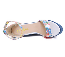 Women's Designer Floral Print Denim High Quality Peep Toe High Heel Wedge