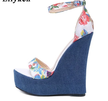 Women's Designer Floral Print Denim High Quality Peep Toe High Heel Wedge