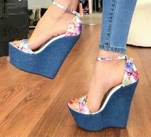 Women's Designer Floral Print Denim High Quality Peep Toe High Heel Wedge