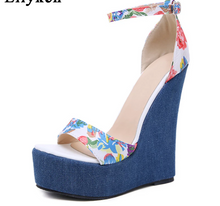 Women's Designer Floral Print Denim High Quality Peep Toe High Heel Wedge