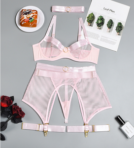 Four-Piece Lingerie Transparent Push Up Bra See through Lace Mesh Garter Choker