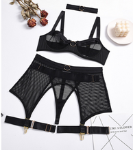 Four-Piece Lingerie Transparent Push Up Bra See through Lace Mesh Garter Choker