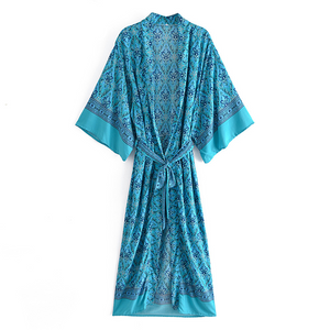 Blue Floral Print Sashes Bohemian Kimono V Neck Batwing Sleeve Boho Maxi Robe 