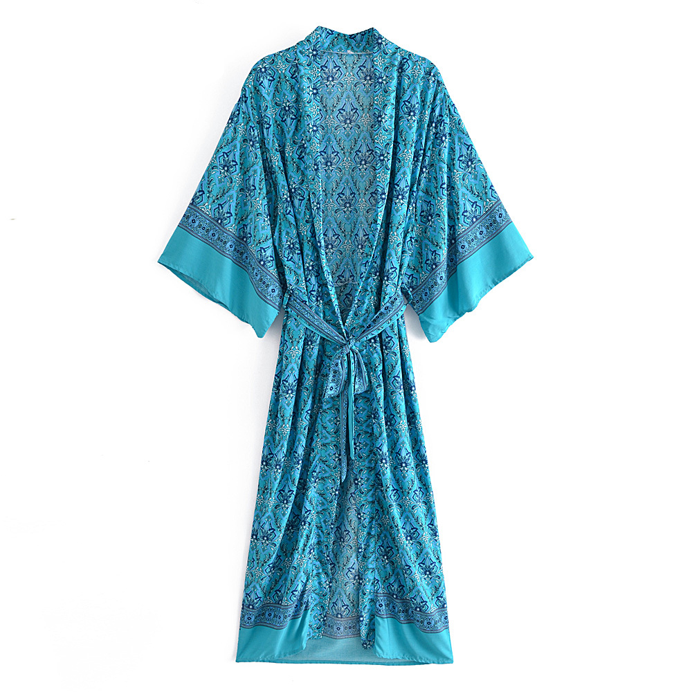 Blue Floral Print Sashes Bohemian Kimono V Neck Batwing Sleeve Boho Maxi Robe 