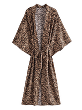 Boho Leopard Print Sash Kimono Dress V Neck Batwing Sleeve Bikini Cover Up Robe