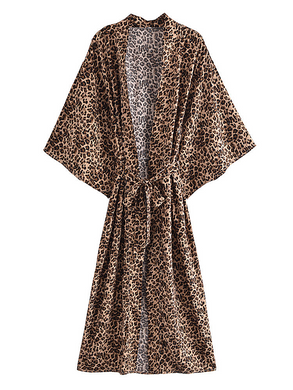 Boho Leopard Print Sash Kimono Dress V Neck Batwing Sleeve Bikini Cover Up Robe