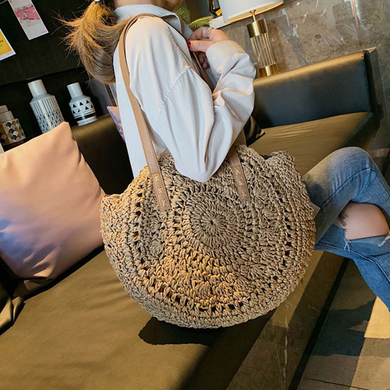 Casual Rattan Women Shoulder Bags Circle Straw Handbags Big Capacity Handmae Summer Tote Lady round Bohemian Beach Treval Sac