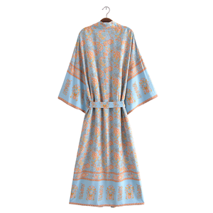 Blue Orange Floral Print Sashes Bohemian Kimono V Neck Batwing Sleeve Maxi Robe