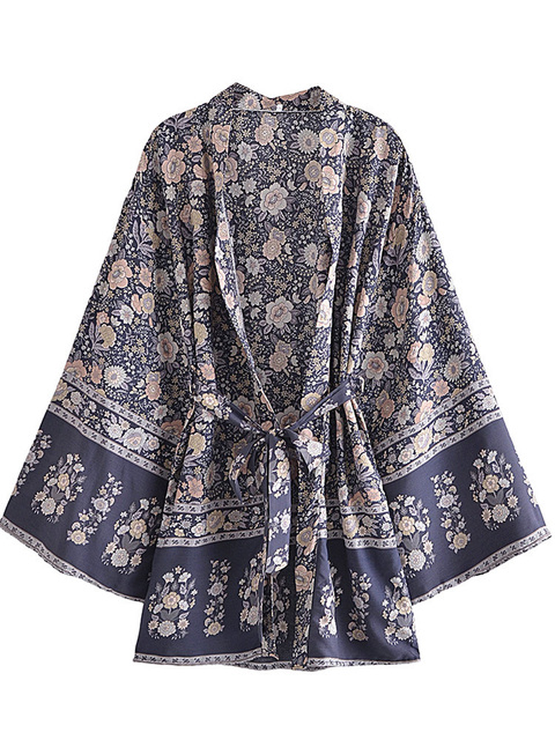 Multi Floral Print Kimono Women V Neck Batwing Sleeve Boho Short Robe Cover Up