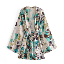 Blue Grey Floral Print Bohemian Kimono Batwing Sleeve Hippie Short Boho Robe