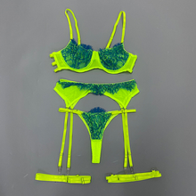 Neon Lingerie Lace Push up Delicate Underwire G-String Garter 3-Piece Set