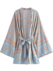 Multi Floral Print Kimono Women V Neck Batwing Sleeve Boho Short Robe Cover Up