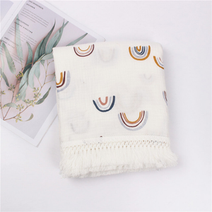 Boho Muslin Swaddle Blanket with Fringe Baby Throw Blanket for Bedding Girl and Boy