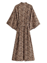 Boho Leopard Print Sash Kimono Dress V Neck Batwing Sleeve Bikini Cover Up Robe