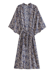 Boho Leopard Print Sash Kimono Dress V Neck Batwing Sleeve Bikini Cover Up Robe