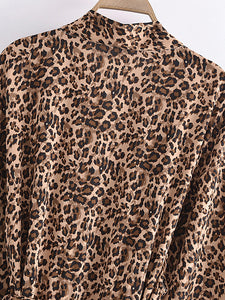 Boho Leopard Print Sash Kimono Dress V Neck Batwing Sleeve Bikini Cover Up Robe