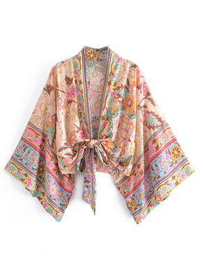 Boho VintageTie Front Floral Print Kimono V Neck Batwing Sleeves Short Robe