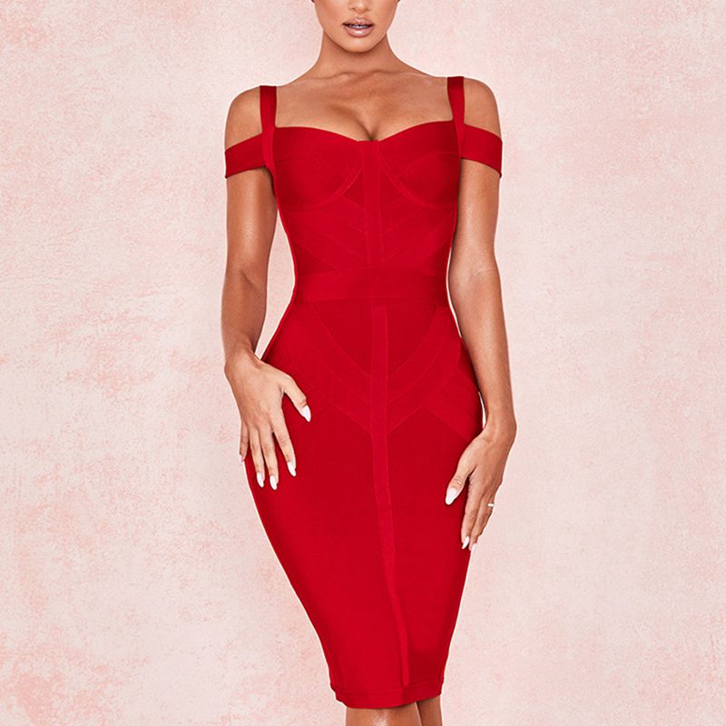 Off Shoulder Bodycon Bandage Wine Red Spaghetti Strap Club Party Dress