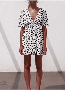 White with Black Spots Button Front Tie Waist V Neck Short Summer Dress