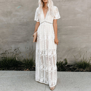 Boho Long White Maxi Dress Loose Embroidery Lace Beach Wedding Hippie Tunic