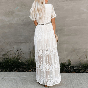 Boho Long White Maxi Dress Loose Embroidery Lace Beach Wedding Hippie Tunic