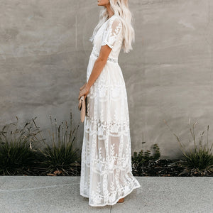 Boho Long White Maxi Dress Loose Embroidery Lace Beach Wedding Hippie Tunic