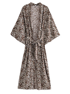 Boho Leopard Print Sash Kimono Dress V Neck Batwing Sleeve Bikini Cover Up Robe