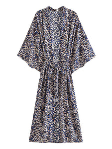 Boho Leopard Print Sash Kimono Dress V Neck Batwing Sleeve Bikini Cover Up Robe