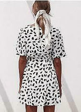 White with Black Spots Button Front Tie Waist V Neck Short Summer Dress