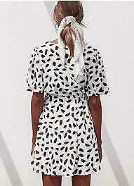 White with Black Spots Button Front Tie Waist V Neck Short Summer Dress